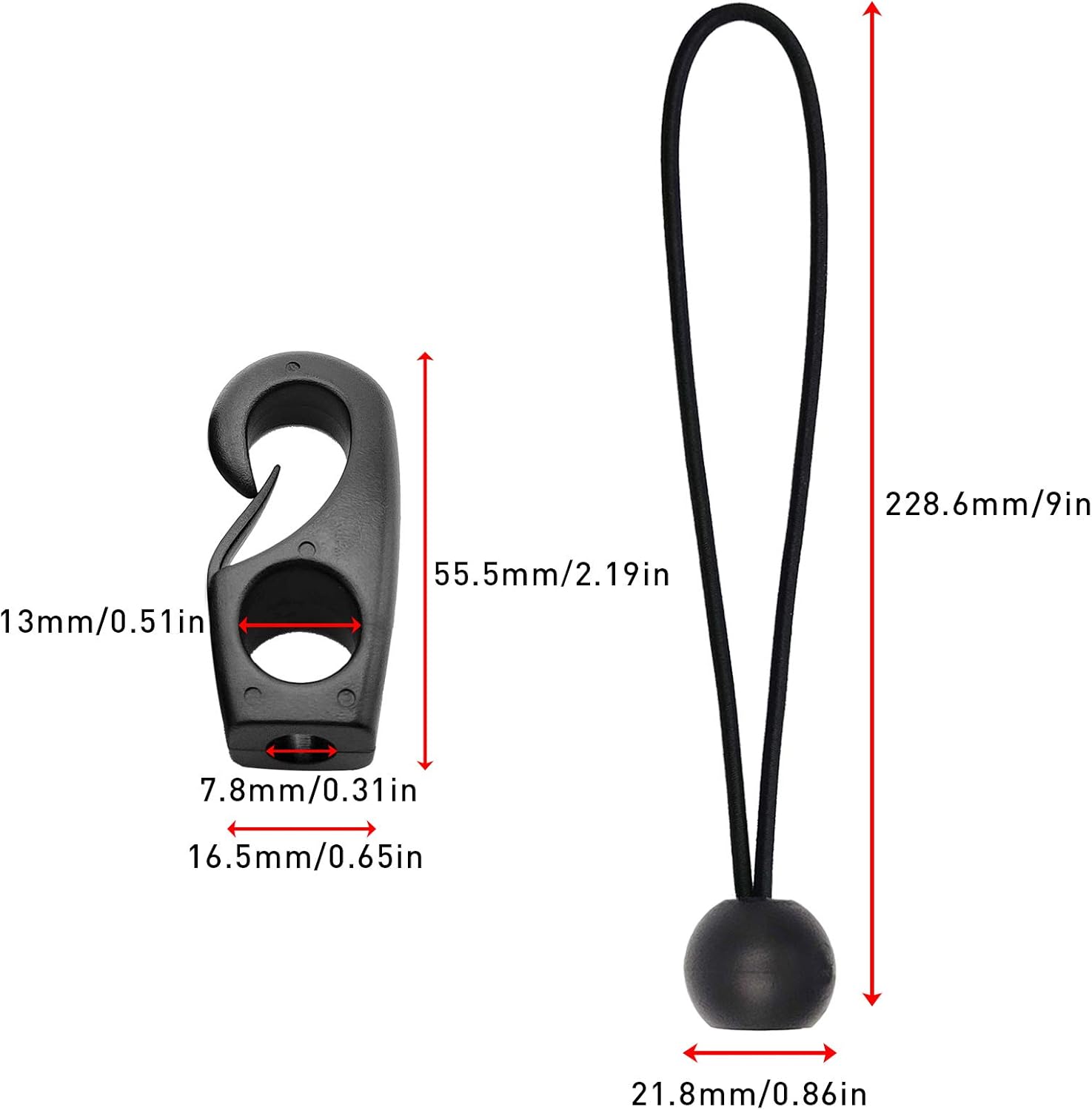 1/4'' Elastic Bungee Shock Cord, 26 Feet Adjustable Black Elastic Tie Down with 12 Bungee Shock Cord Hook and 6 Ball Bungee Cords for Roof Racks, Bikes, Kayaking, Camping (26 Feet) - - 