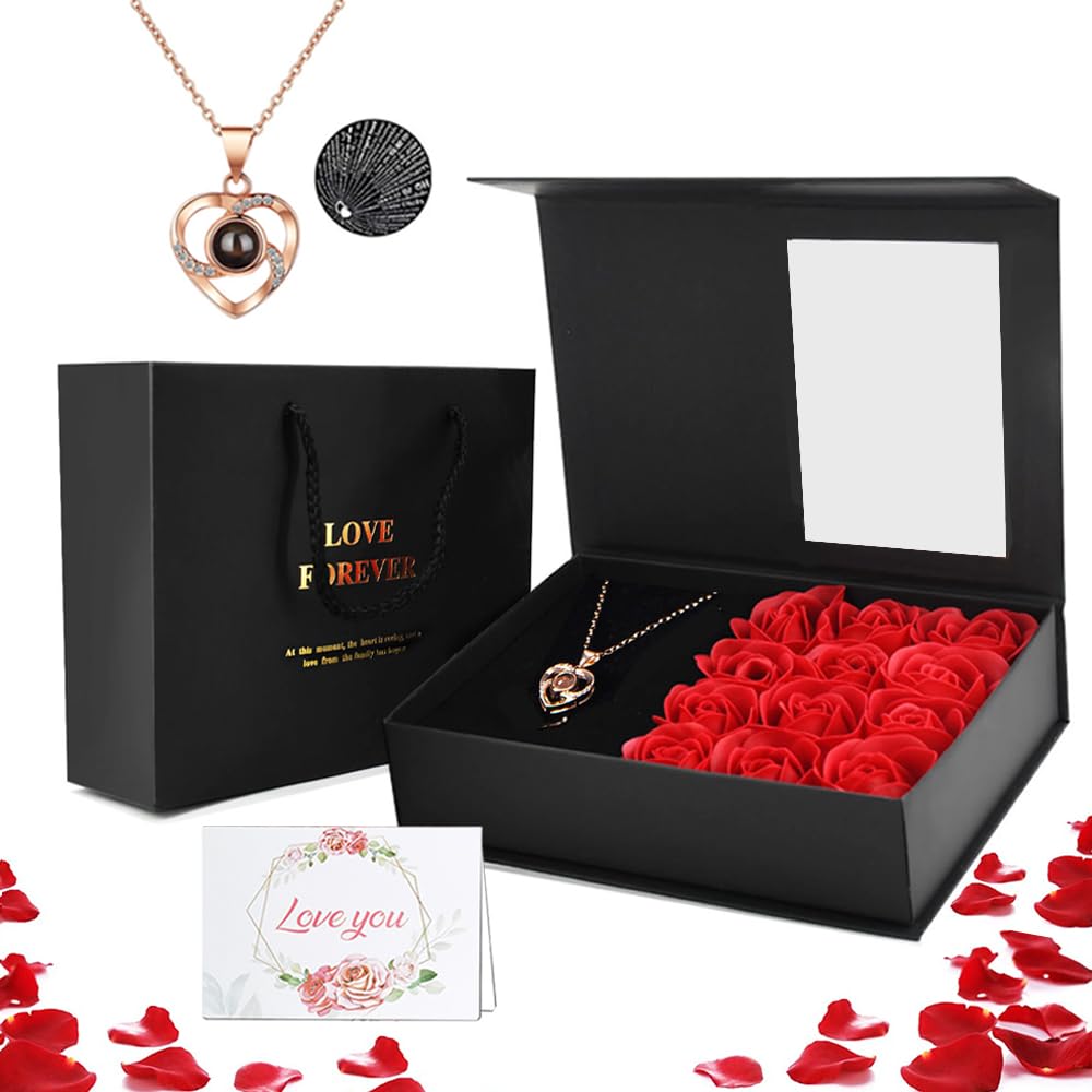 FullGen Preserved Rose Jewelry Box for Mother, Eternal Rose Gift Box with I Love You Necklace in 100 Language for Mom,12-Rose Jewelry Box Gift for Mother's Day, Valentine's Day, Anniversary
