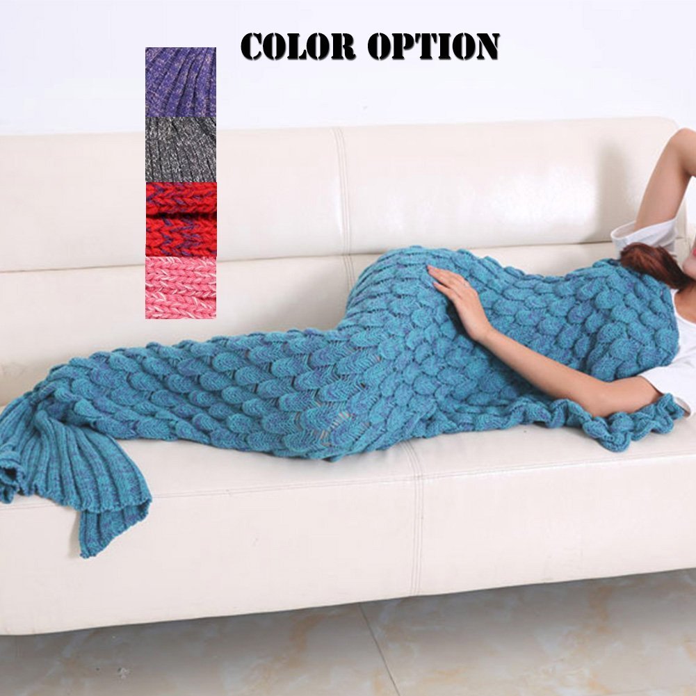 Feiuruhf Knitted Mermaid Tail Blanket for Adults Teens, Kids Crochet Snuggle Mermaid, All Seasons Sleeping Blanket (Blue)