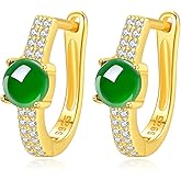 MRW Jade Huggie Hoop Earrings For Women 925 Sterling Silver Gold Plated Green Stone with CZ Accents