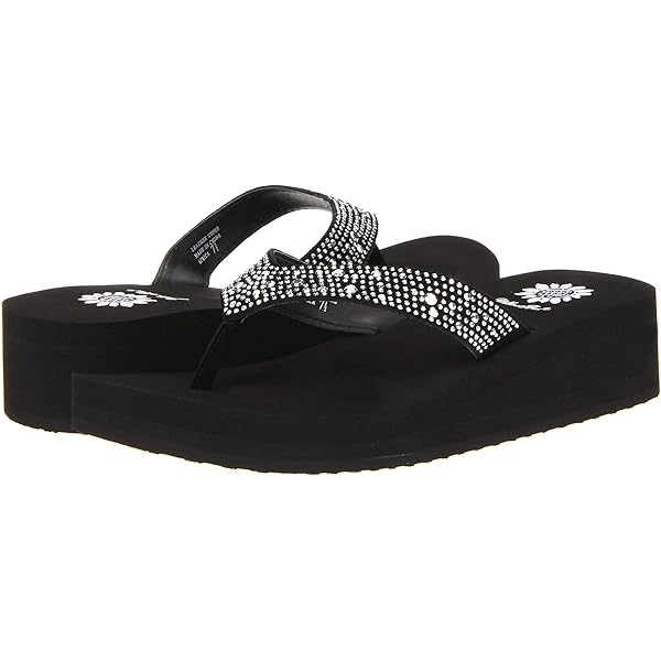 REDVOLUTION Women's Rhinestone T-Strap Sandals - High Low Platform Wedge Flip Flops (Black, Size 6)