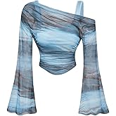 BEAUDRM Women's Y2K Lettuce Trim Long Bell Sleeve 2 in 1 T Shirts Mesh Asymmetrical Neck Ruched Tee Shirts Crop Top Blue Tie Dye Small