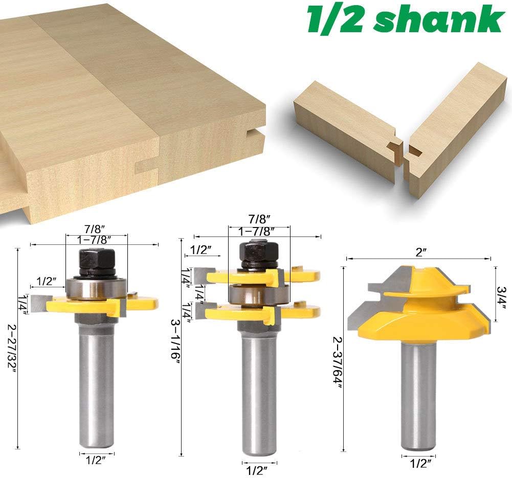GAFeng 3PCS Tongue and Groove Router Bit Tool Set 1/2 Inch Shank+45°Lock Miter Bit 1/2 Inch Shank For Doors, Tables, Shelves, Walls, DIY Woodwork - - 