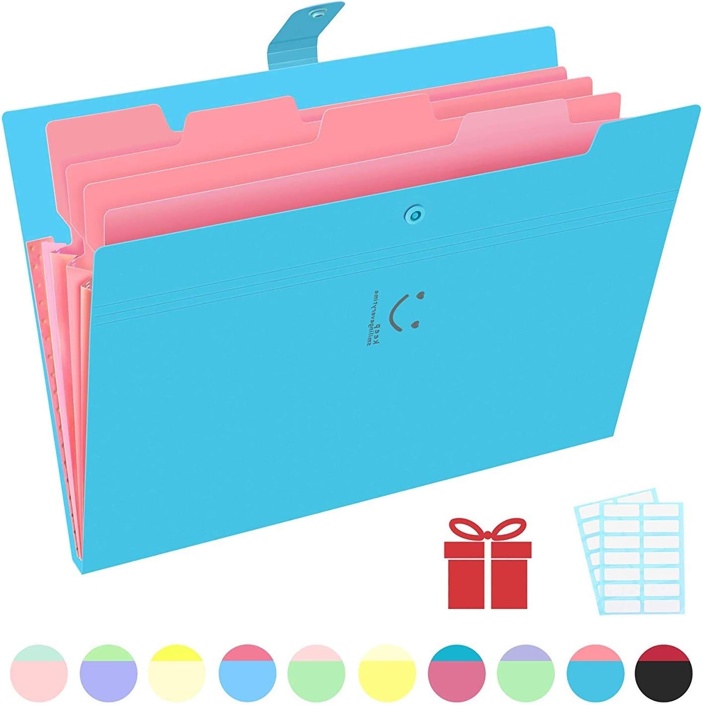 Phyxin Expanding File Folders 5 Pockets Document Organizer A4 Letter Size Plastic File Folder with Labels Document Holder for Business School Supplies Lake Blue
