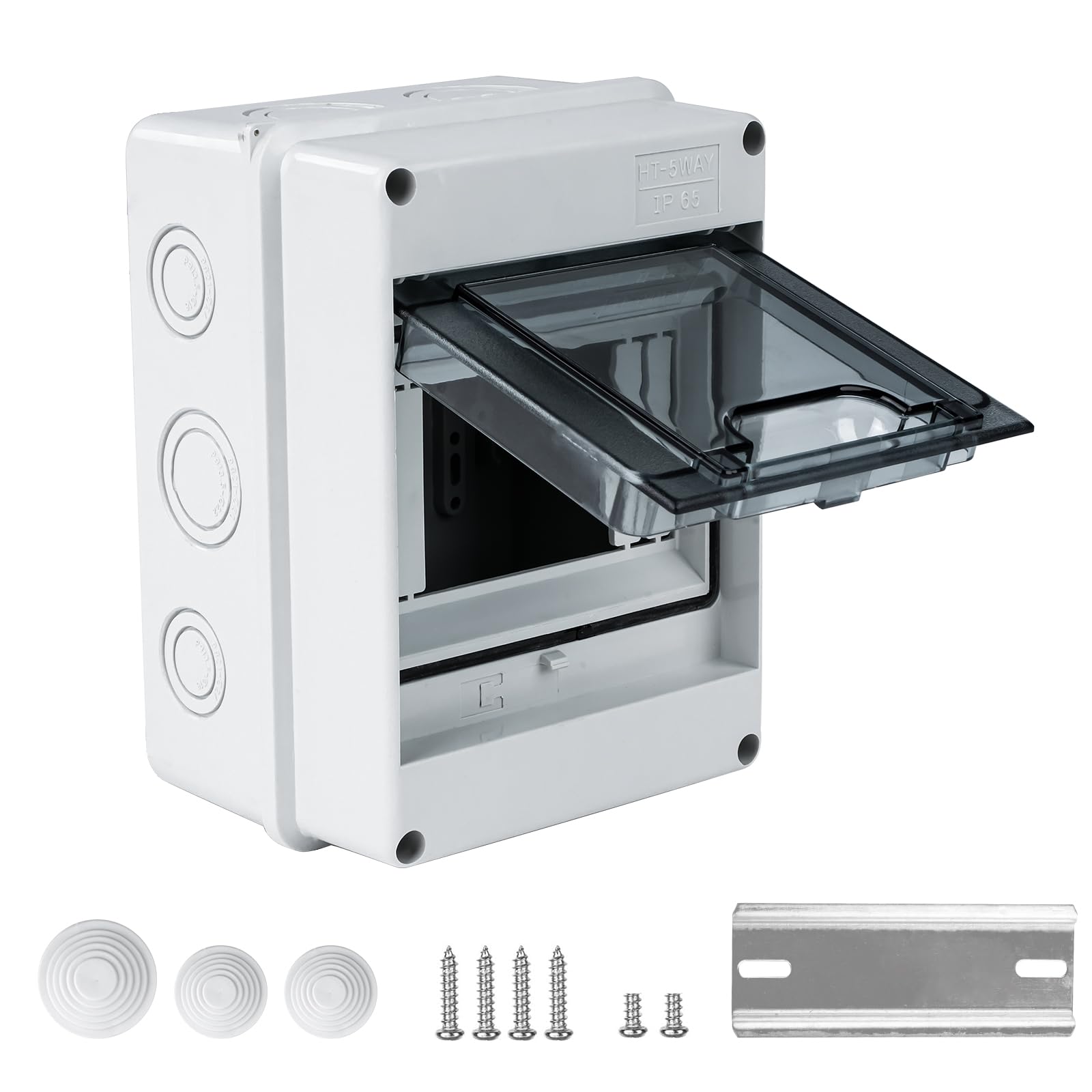 Buyweek 5 Way Consumer Unit Surface Mounted Distribution Protection Box IP65 Waterproof Fuse Box with Transparent Window, DIN Rail Box With Terminals for Gardens, In/Outdoor (5 Module)