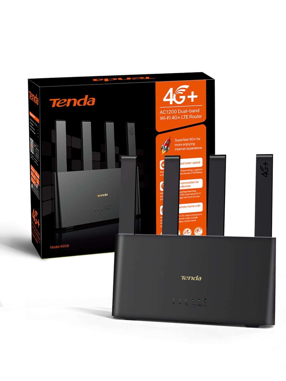 Tenda 4G08 LTE Router,4G+ Router unterstützt SIM Karten,4G+ Cat6 bis zu 300Mbps, WLAN Dual-Band AC1200, 4 x Externe Antennen,Gigabit-LAN/WAN-Anschlüsse, OpenVPN, MU-MIMO,Mesh Wi-Fi+, Plug & Play