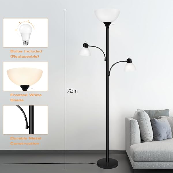 LUVKCZC FLOOR LAMPS FOR LIVING ROOM, 72″ TALL TORCHIERE FLOOR LAMP WITH 8W ADJUSTABLE READING LIGHTS, INDUSTRIAL LAMPS FOR LIVING ROOM, BEDROOM, OFFICE, BLACK TREE FLOOR LAMP【3 BULBS INCLUDED】