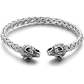 Klapgo Men's Viking Stainless Steel Cuff Bracelet Norse Wolf Head Braided Bangle Nordic Animal Totem Jewelry for Men Women, Adjustable