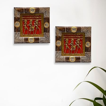 ExclusiveLane Dhokra Work and Warli Hanpainted Sheesham Wooden Home Decorative Wall Hanging Cum Wall Decor Set