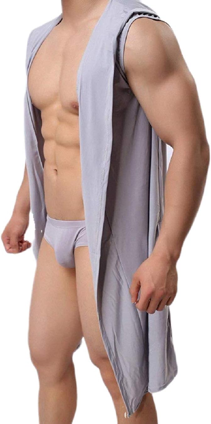 Men's Bathrobe Hooded Sleeveless Open Front Sleepwear Pajamas Silky Fabric Belt Robes