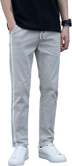 Amazon Newhey チノパン メンズ スキニーパンツ ズボン スポーツ ラインパンツ サイドライン ストレッチ ファッション 春物 美脚 細身 ロングパンツ 番号1068 浅灰色 33 ロングパンツ 通販