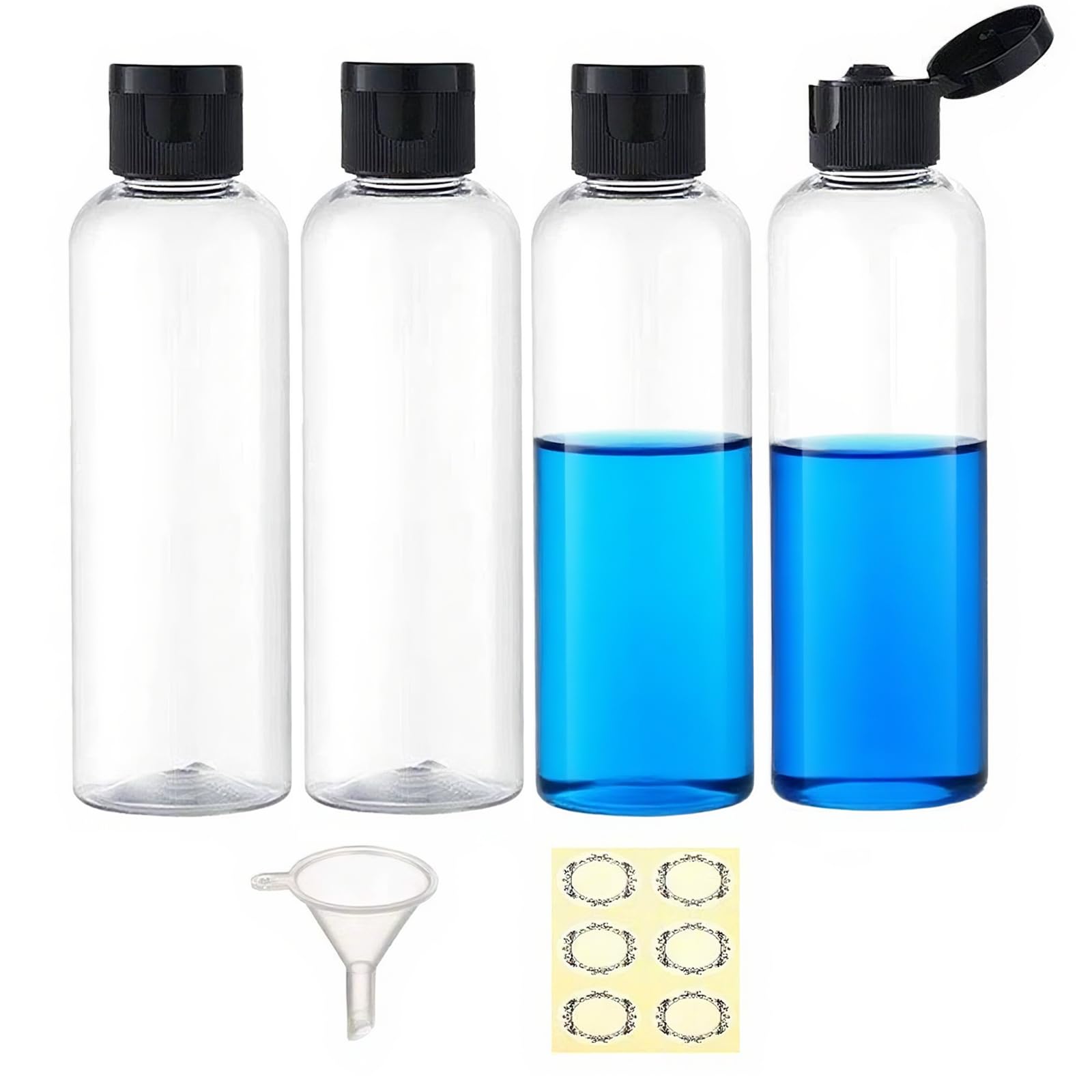 Apstaqeoo 4PCS 150ML Plastic Travel Bottles with Flip Cap Empty Squeeze Bottles Transparent Refillable Travel Container with Funnel & Label for Liquids Lotion Shampoo Toiletries Makeup Cosmetic