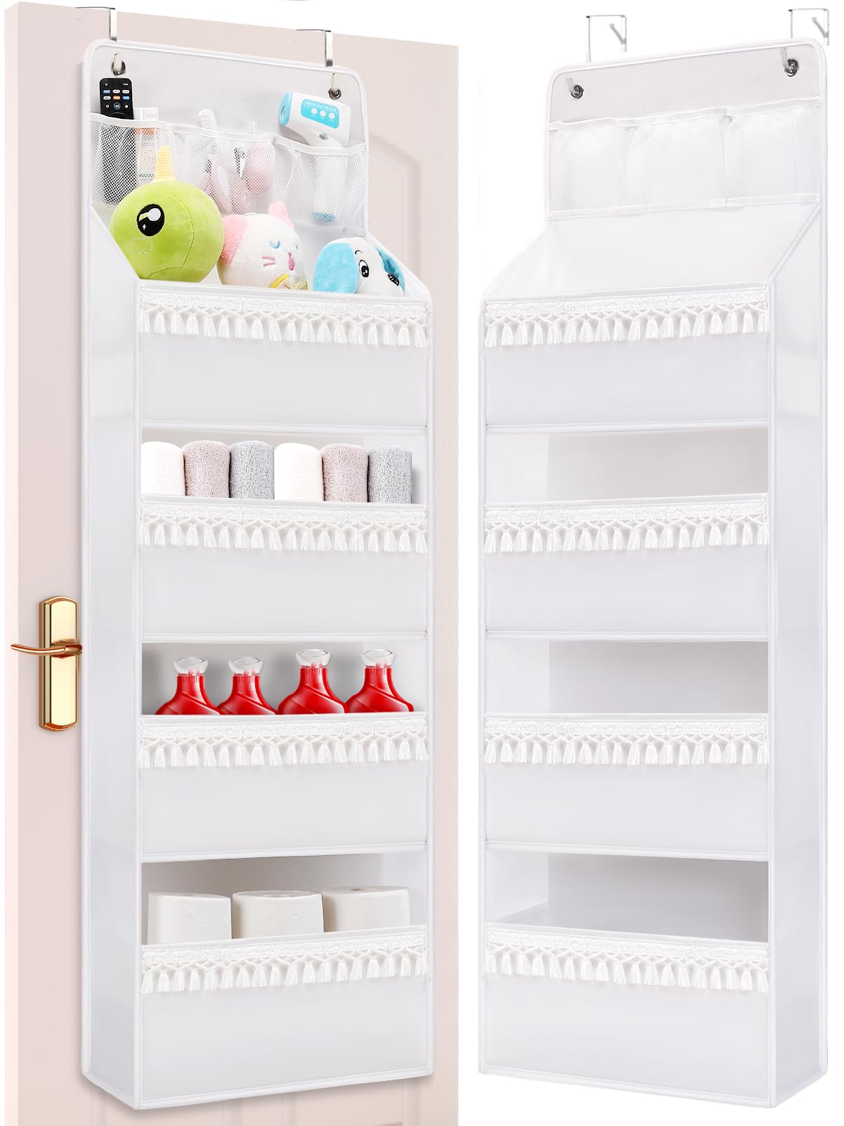Photo 1 of Over the Door Hanging Organizer Storage - 4 Shelf Hanging Storage with Tassels, Nursery Hanging Organizer, Anti-Tilt Behind the Door Organizer for Bathroom,Bedroom,Kitchen,Dorm,1 Pack, White