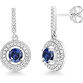 Gem Stone King Halo Drop Dangle Earrings For Women | 925 Sterling Silver | Gemstone Birthstone and White Moissanite | Round 5MM | Fine Jewelry for Her Mom Women Wife