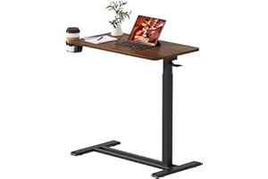 FitStand Medical Overbed Adjustable Bedside Table with Hidden Casters, Pneumatic Mobile Rolling Laptop Standing Desk with Tray for Home and Hospital Use, Mahogany