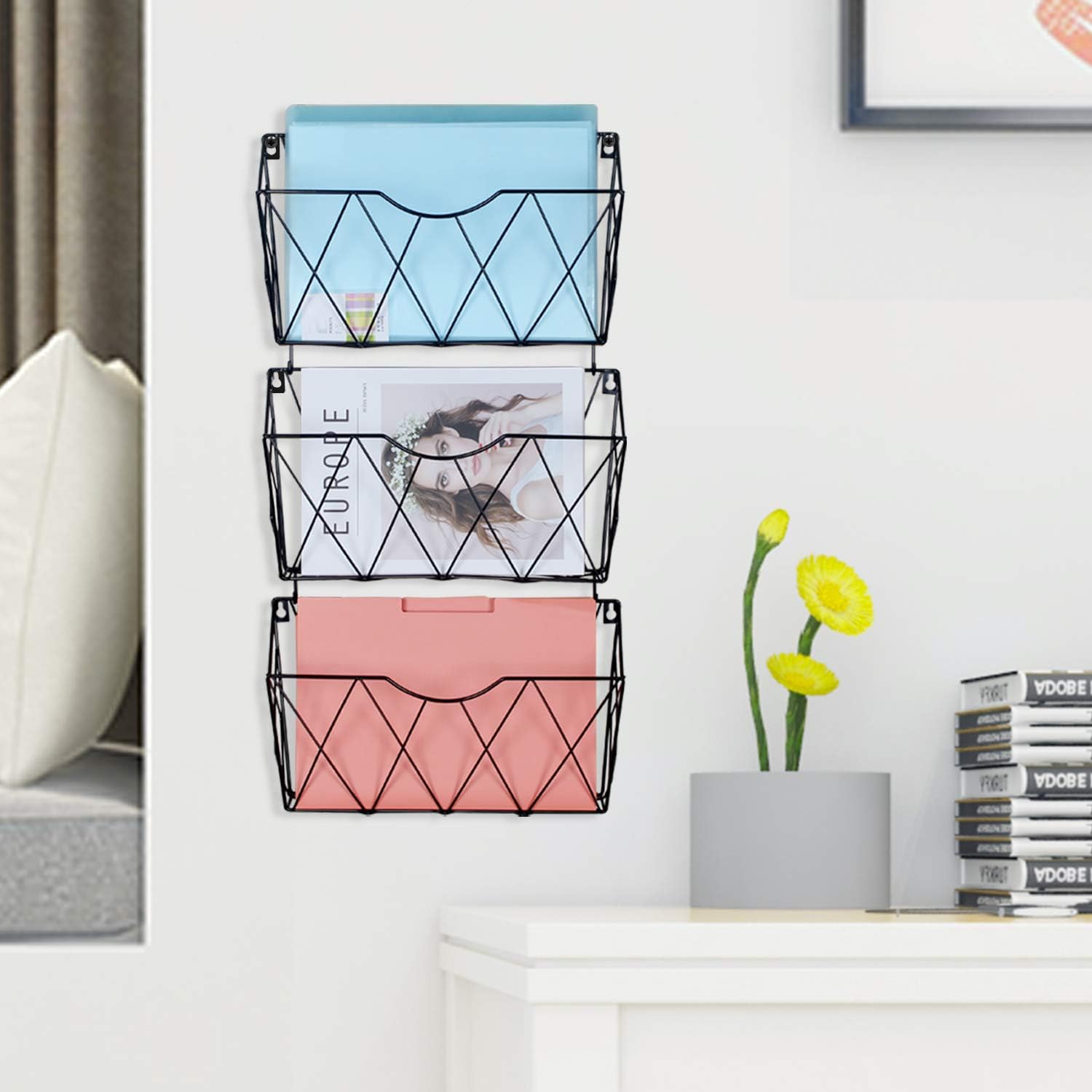 KEEGH Hanging Wall File Organizer 3 Pockets Wall Mount File Folder Mail Holder Metal Magazine Rack with Hooks (Black): Office Products