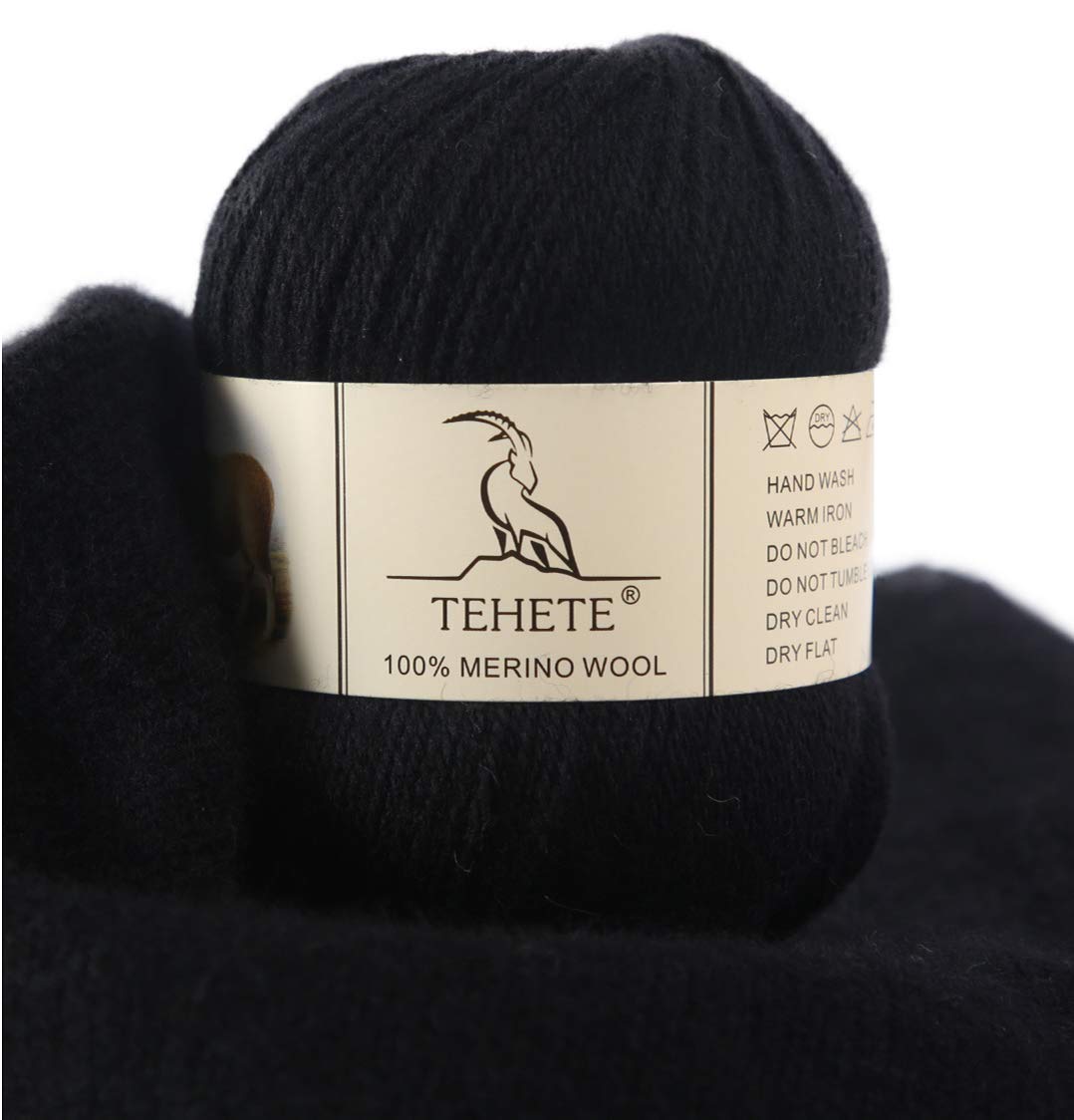 TEHETE 100% Merino Wool Yarn for Knitting and Crochet 3ply 50g 250m Soft and Luxurious - Black
