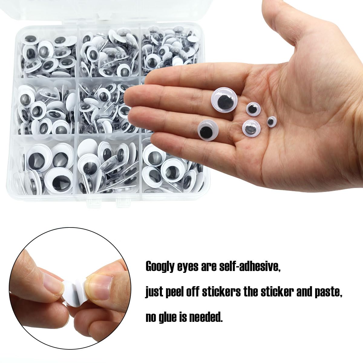 520 Pcs Wiggle Googly Eyes with Self-Adhesive, 6mm 8mm 10 mm 12mm 15mm Mixed Packaging (Black and White)
