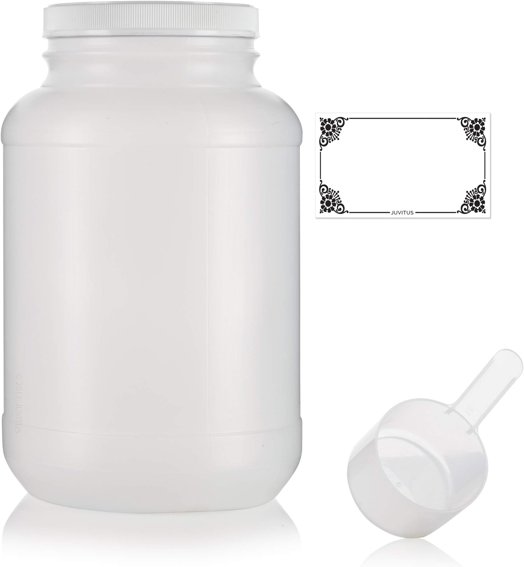 1 gallon/ 4400 grams Clear Natural HDPE Plastic Wide Mouth Jar Container with White Plastic Lid + Label and Measuring Scoop