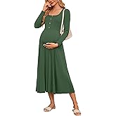 OUGES Women's Maxi Maternity Dress for Photoshoot Fall Long Sleeve Button Square Neck Baby Shower Pregnancy Dresses 2024