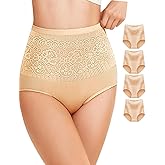 FancyTwig Women's Lace Trim High Waisted Cotton Underwear Full Coverage Ladies Panties Tummy Control Briefs 4 Pack
