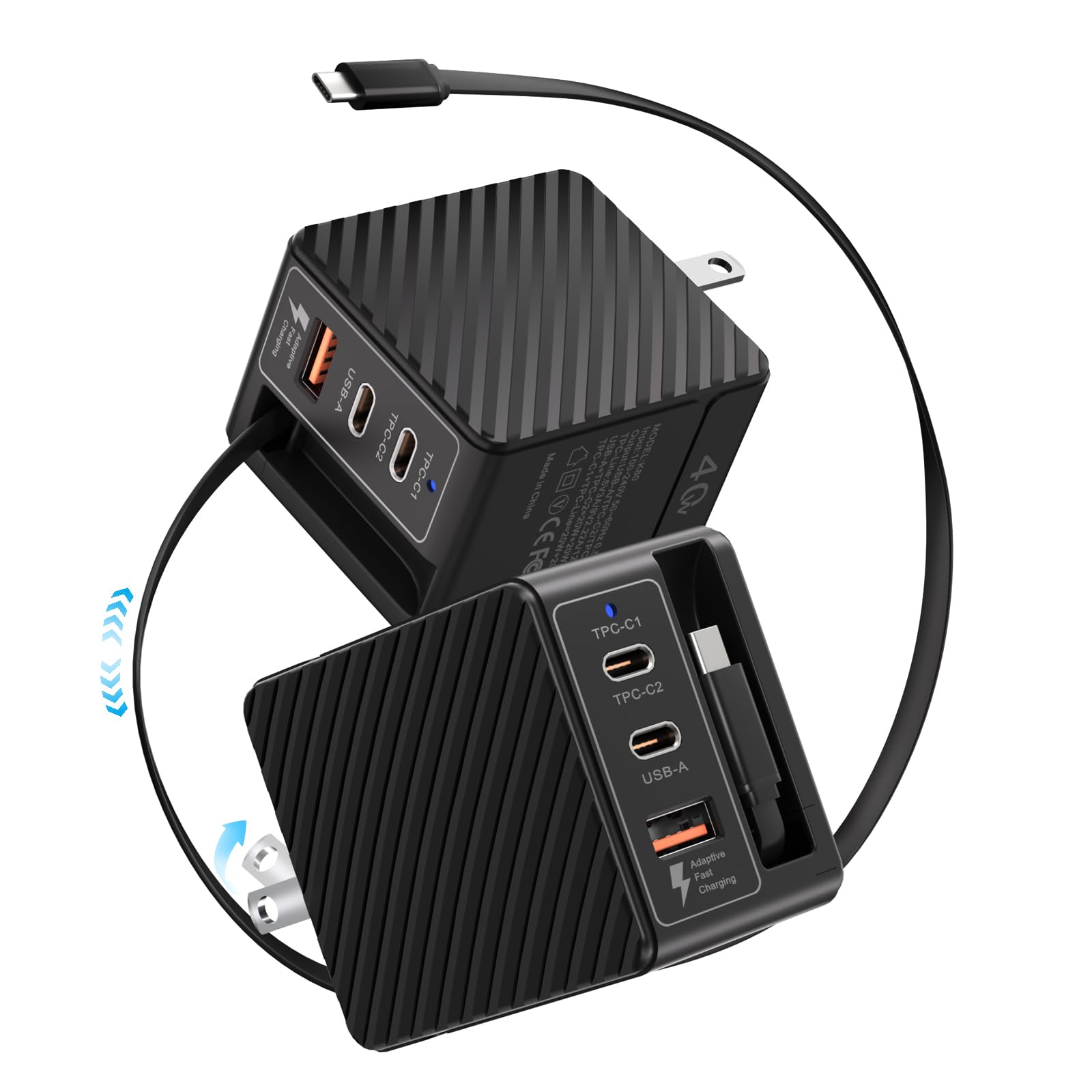 Photo 1 of [2 Pack] 40W USB C Charger Block with Retractable Type C Cable, 4 Port GaN IV Travel Charger, PD 20W Fast Foldable Wall Charging Station for iPhone 16 15 Pro/ProMax/Plus, iPad Pro, Galaxy,Pixel