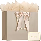 1PCS Large Gift Bag with Ribbon and 2 Tissue Paper 1 Greeting Card, Portable Paper Gift Bags with Handles, Paper Bags for Retail, Party, Shopping, Favor, Wedding Party Mothers Day, Birthday Gift Bags(Champagne Gold)