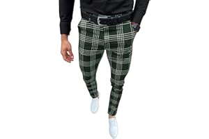 PERCLE Men's Fashion Stretch Dress Pants Slim Fit Plaid Pants Business Suit Pants Casual Golf Pants