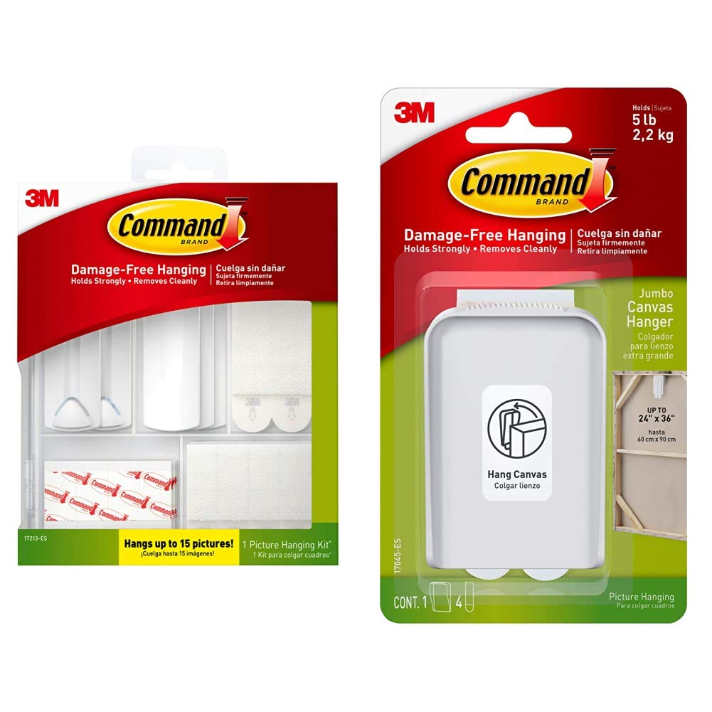 Command Picture Hanging Kit (38 Pieces), Damage-Free Hanging, Hangs up to 15 Pictures & 3M 17045-ES Command Jumbo Canvas Hanger White Hooks and 4 Strips, Acrylic, Multicoloured,