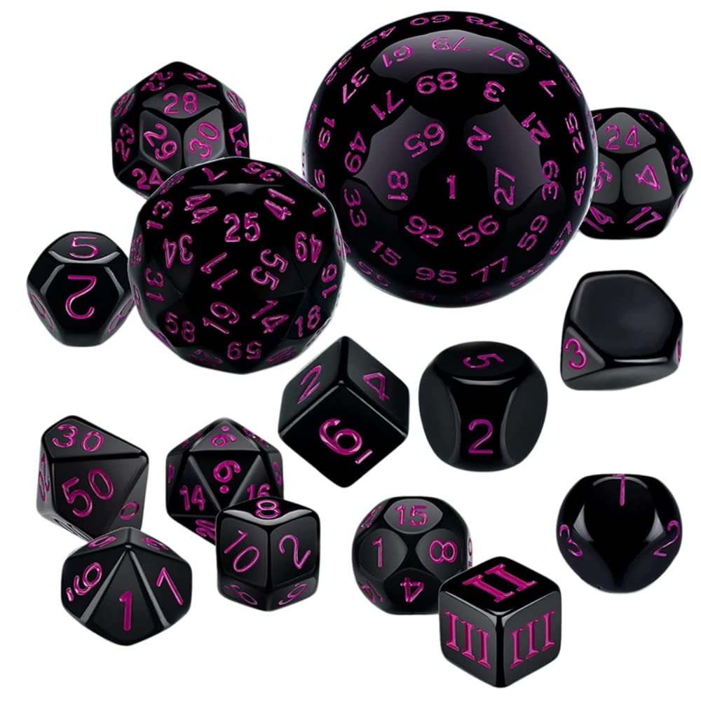 DollaTek 15 Pieces Complete Polyhedral Dice Set D3-D100 Game Dice Set for Role Playing Table Games Black and Purple