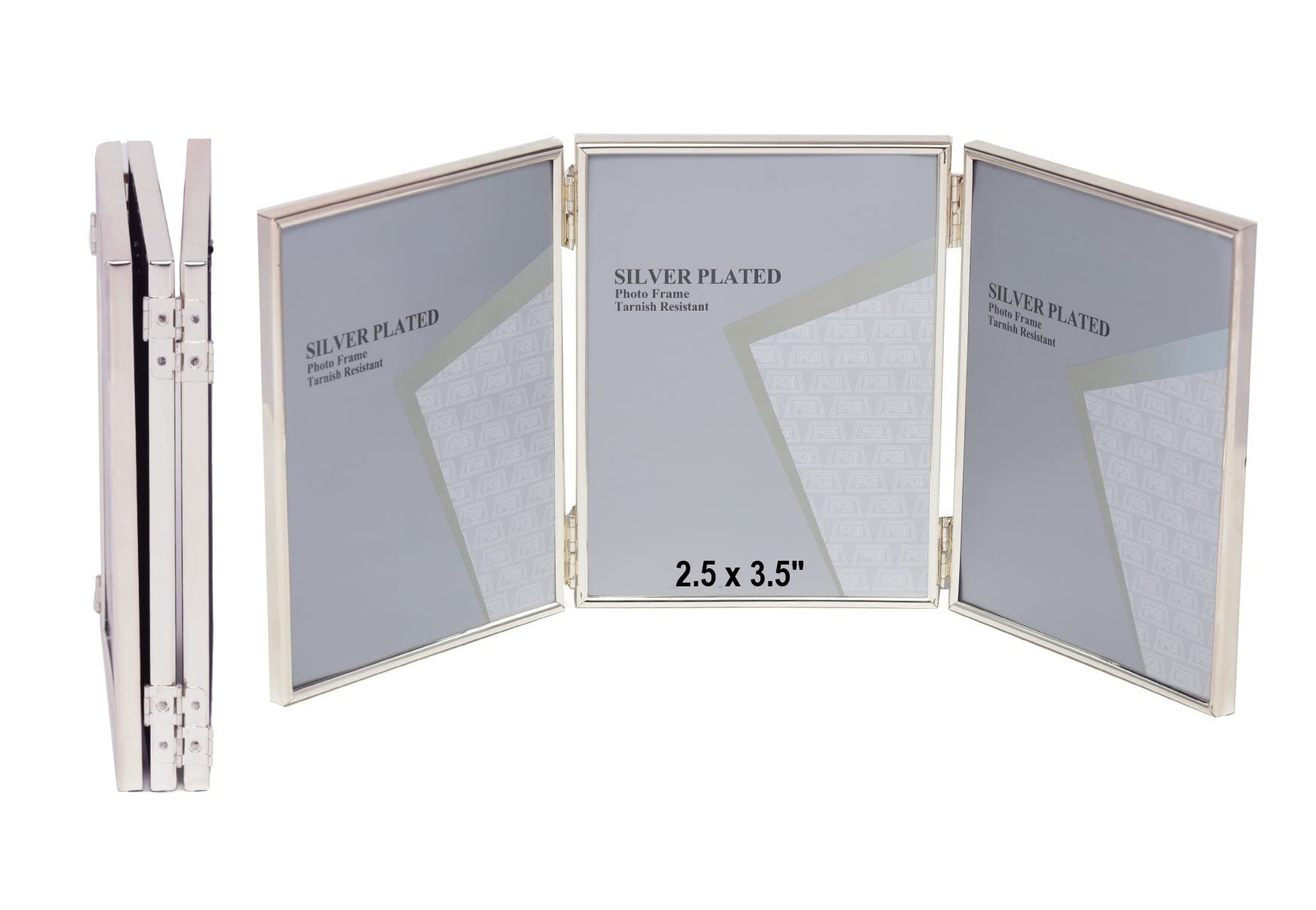 2.5 x 3.5-inch Silver Thin Edge TRIPLE PORTRAIT Photo Frames with hooks, can stand and hang - Velveteen Backing - Tarnish Resistant (2.5 x 3.5-inch)
