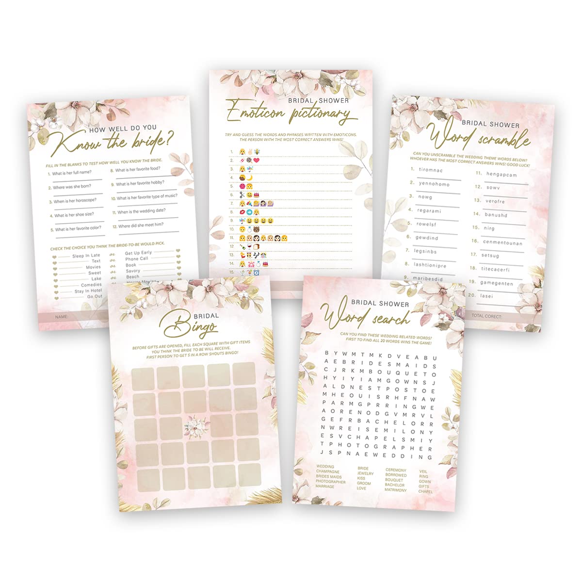Summer-Ray 50pcs Bridal Shower Game Cards 5 Games 10 Cards Each 5" x 7"