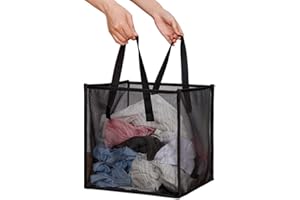 HONOMA Laundry Bags Hamper Bag with Handles,Portable &Collapsible Dirty Clothes Mesh Basket Foldable for Washing Storage, Kids Room,Dorm or Travel (Black, Single-Layer)