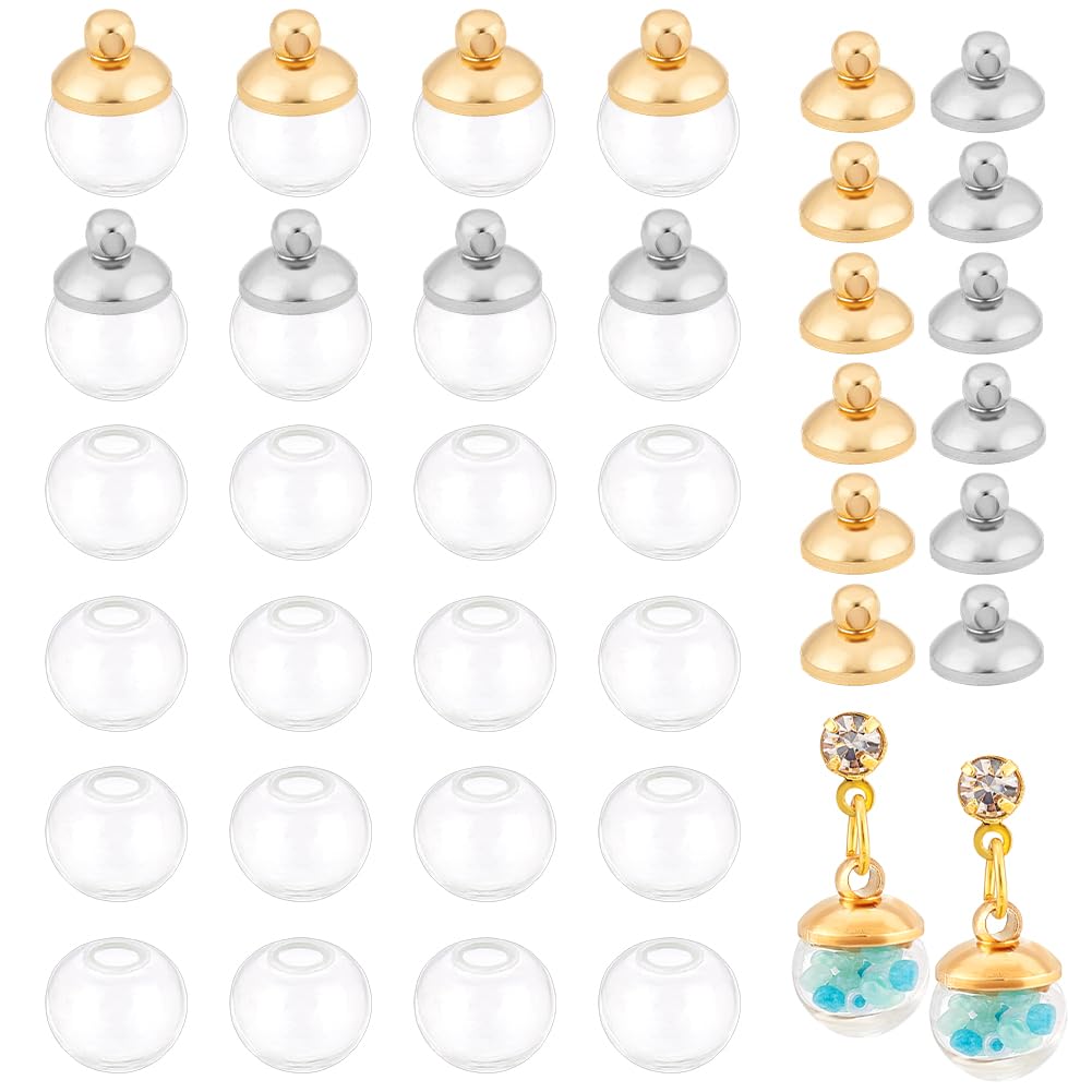 PandaHall Elite 50 Sets 8mm Mini Empty Clear Glass Globe Bottles with Silver & Light Gold Brass Bails Cap for Earring Pendant DIY Jewellery Making