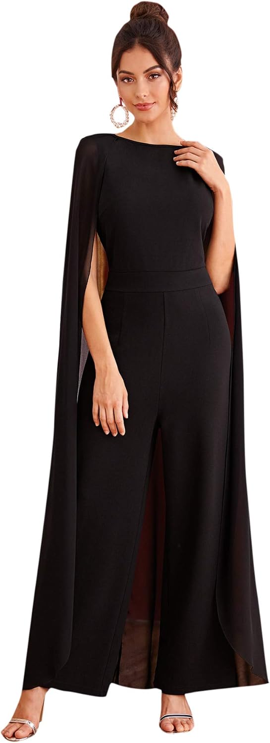 overlay embellished split neck black jumpsuit