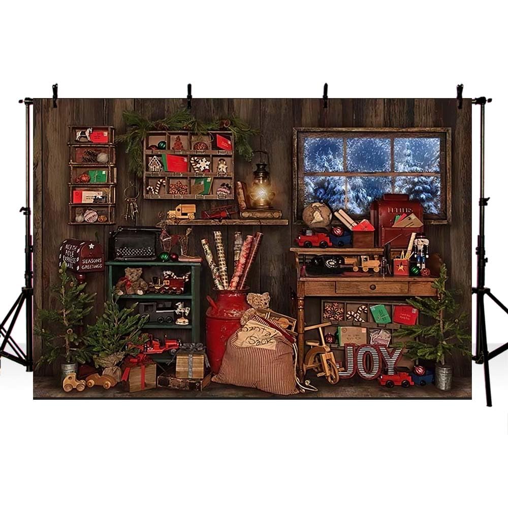 AIBIIN 7x5ft Christmas Backdrop Wooden Walls Snow Pine Tree Toy Gifts Photography Background Family Party Decoration Banner Studio Booth Prop Supplies