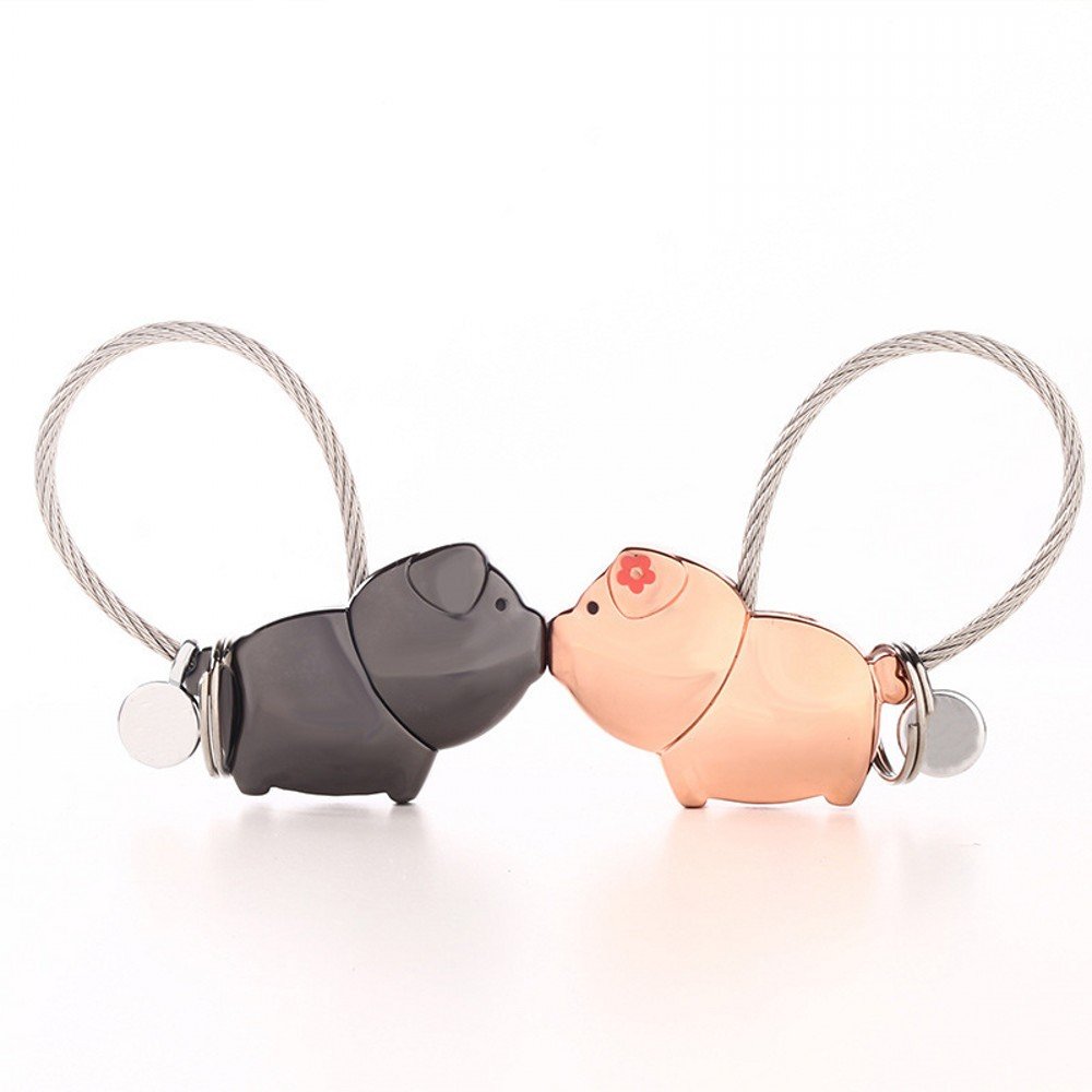 DOJoykey Lovers Keychain 1 Pair Pig Partner Pendant with Magnetic Mouth, Sweet Gift for Valentine's Day, Birthday, Wedding, Zinc Alloy (Shiny Black + Rose Gold)