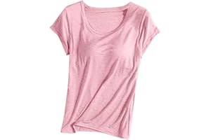 Womens Shirts with Built in Bra Short Sleeve Shirts Summer Casual Athletic Workout Yoga Shelf Bra Padded T Shirts Tops