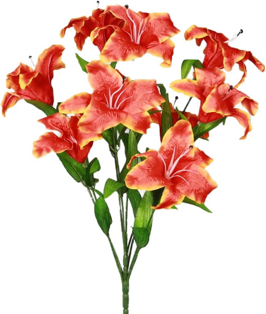 SN Decor Artificial Flowers Tiger Lily Fake Flowers for Wedding Home Party Garden Shop Office Decoration 1 Bouquet with 9 Heads Stargazer Lilies (Orange)