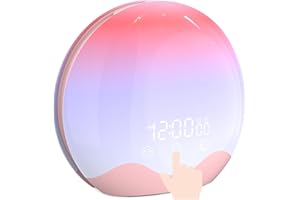 PBPAO Sunrise Alarm Clock Wake Up Light with Touch Control, Dual-Sided Natural Light Alarm Clock for Kids,Heavy Sleepers,Bedroom, Dual Alarm & Snooze,12-Color Night Light, Sleep Aid(Pink)