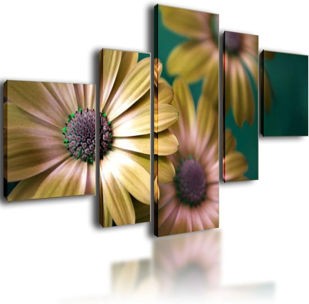 XL Parted Canvas Picture Wall Art Split Multi Panel Framed Modular Living Room - 5 panel Yellow Flowers 130cm x 70cm 2151