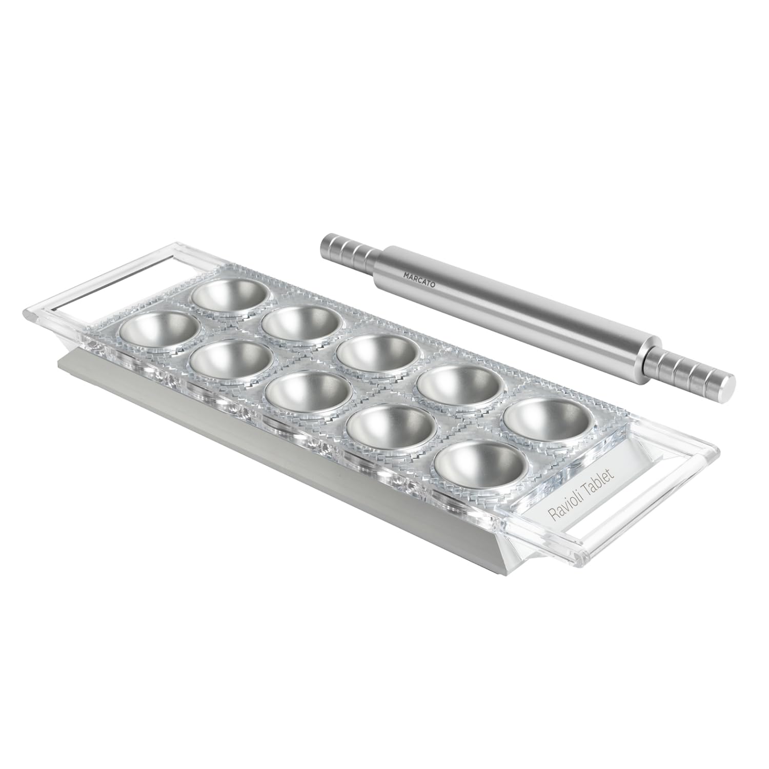 Marcato Ravioli Maker Press, Ravioli Machine, Homemade Ravioli Cutter, 50mm Square Cut, Aluminum Rolling Pin Included, Made in Italy. Model: Ravioli Tablet, Silver