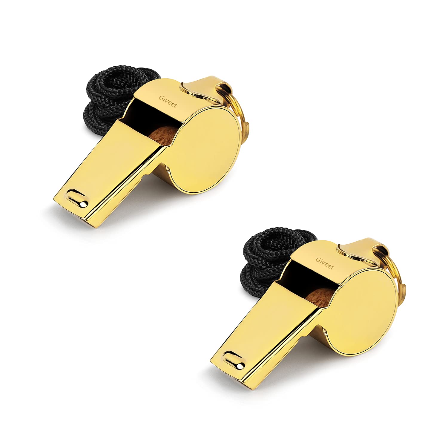 Giveet 2 Packs Gold Whistles with Lanyard, Stainless Steel and Durable, Extra loud Referee Coach Metal Whistle for Football, Basketball, Soccer, School, Lifeguard Emergency