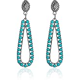 Boho Turquoise Oval Drop Dangle Earrings for Women Beaded Western Flower Teardrop Earrings Vintage Ethnic Alloy Pendant Jewelry Gift