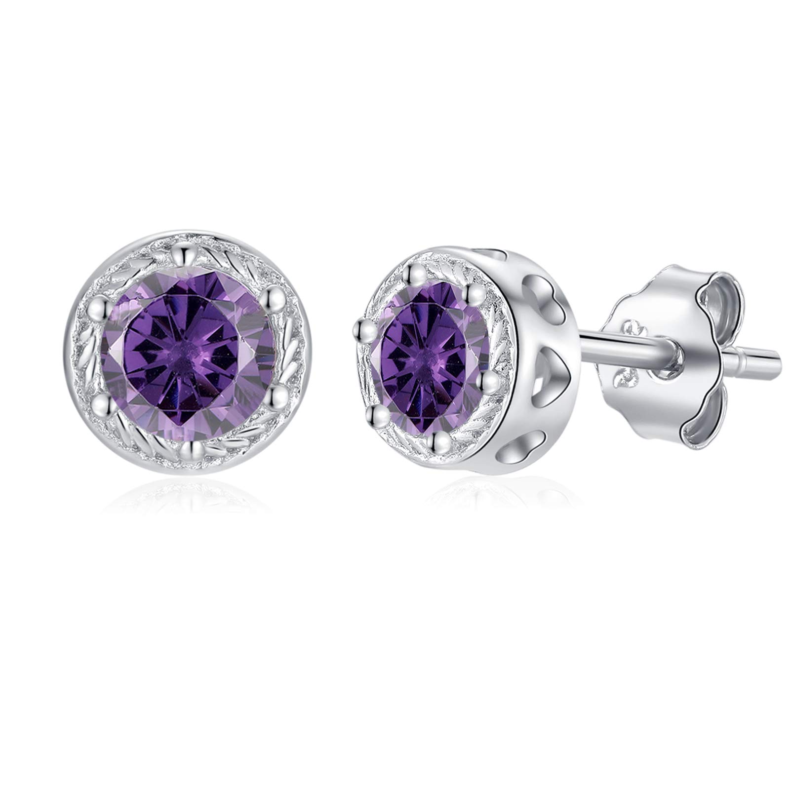 Qings Sterling Silver Amethyst Earrings for Women Dainty Minimalist February Birthstone Stud Earrings