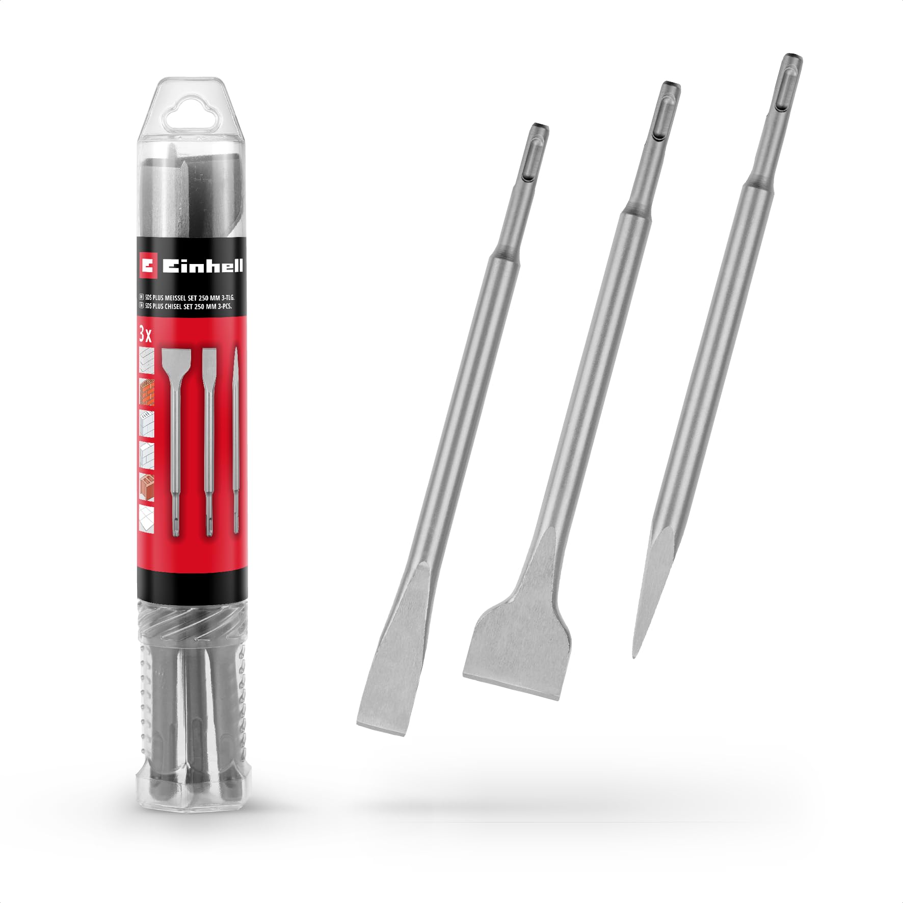 Original Einhell 3-Piece SDS Plus Chisel Set, 250 mm (Pointed, 20 mm Wide Flat, 40 mm Wide Spade Chisels Made of Durable 40Cr Steel for Demolition and Renovation Work)