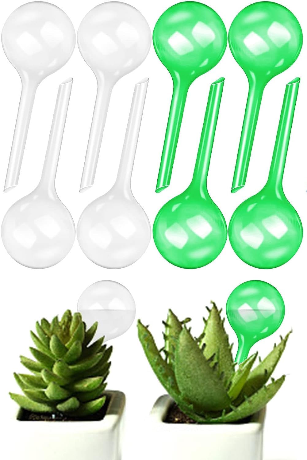 LATRAT Pack of 10 Small Watering Balls, 13 x 5 cm Water Dispenser Balls Watering Self-Watering Plants Flowers Automatic Watering Balls Watering Bulb (Transparent + Green)