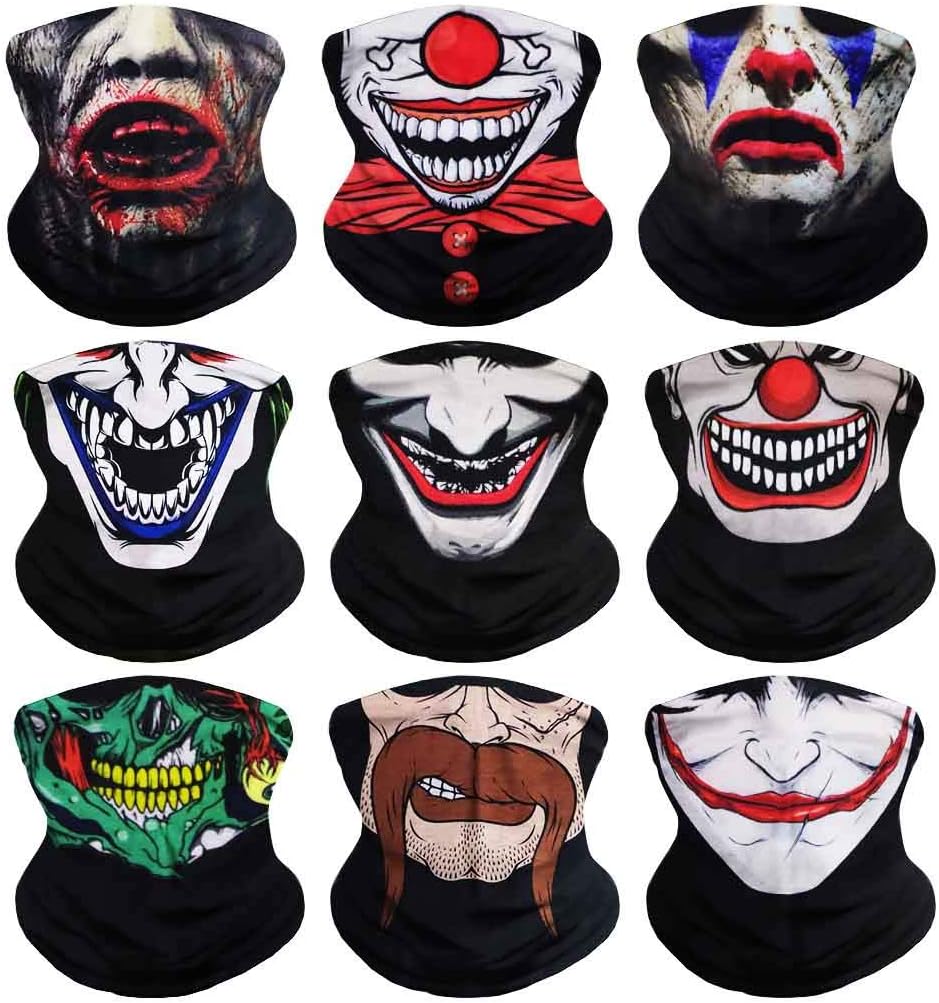 Skull Headband Clown Face Multi Functional Skeleton Joker Headwear Neck Gaiter Head Wrap Balaclava Seamless Bandana (9PCS Clown-A)