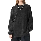 FULFIDREAM Oversized Tshirts for Women Heavy Cotton Acid Wash Vintage Unisex Long Sleeve Casual Loose Solid Basic Tee Tops