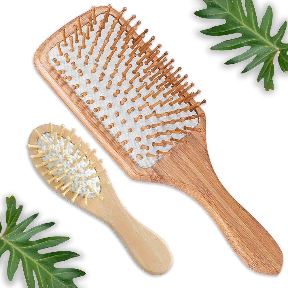 Wooden Detangling Paddle Hair Brush + FREE Mini Travel Brush - Natural Vegan Bamboo Bristle - Detangler Hairbrush for Women Men, Kids - Massage Scalp & Anti-Static Comb - Dry or Wet Hair by FunfulHome